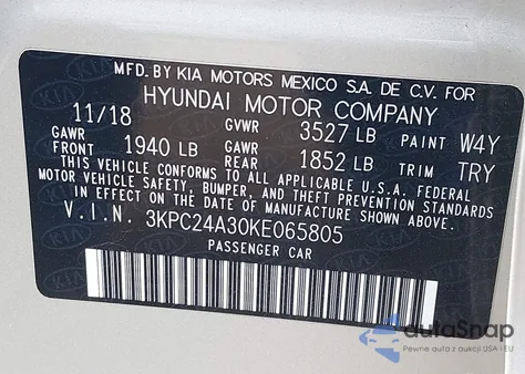 2019 Hyundai Accent Se z USA, uszkodzony, nr VIN 3KPC24A30KE065805